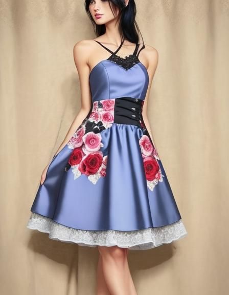 A cool black short dress with a thin strap on one side of the shoulder, decorated with a few black roses, adding a bit of charm and enchantm...