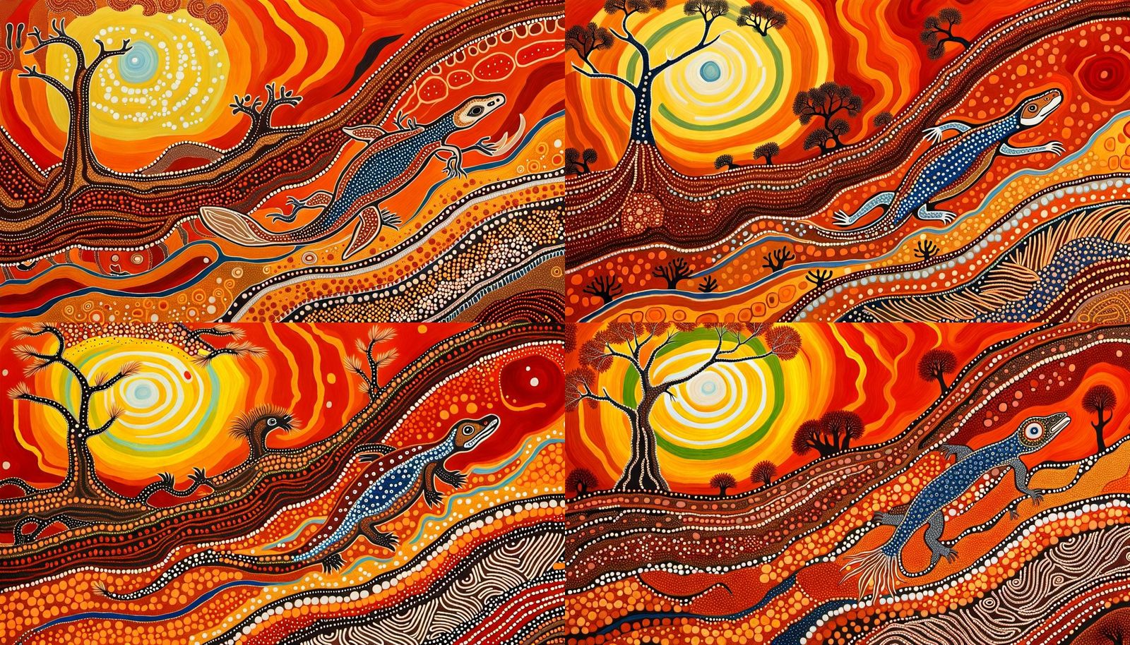 A resplendent aboriginal dot-painting (Close-up of giant Goanna ...