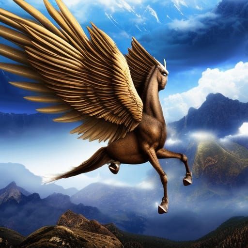 Majestic Pegasus soaring over a mountain range.