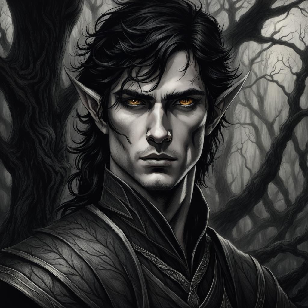 Male elf, pointy ears, long flowing black hair, amber eyes, fair ...