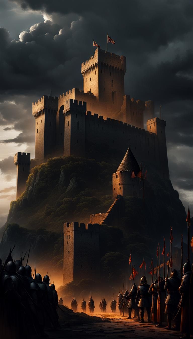 A medieval Fortress with a darkened sky clouds and an army i...