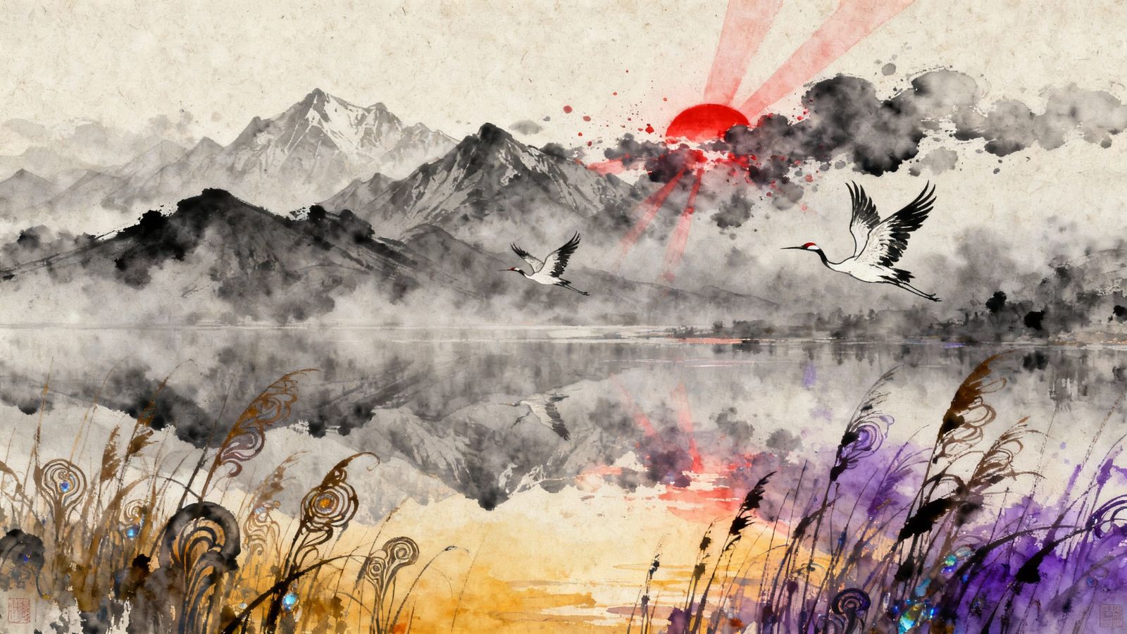 Chinese ink painting, muted colours, rice paper texture, cranes in a lake, splashes of colour, red sun, ...  by @Spearmint