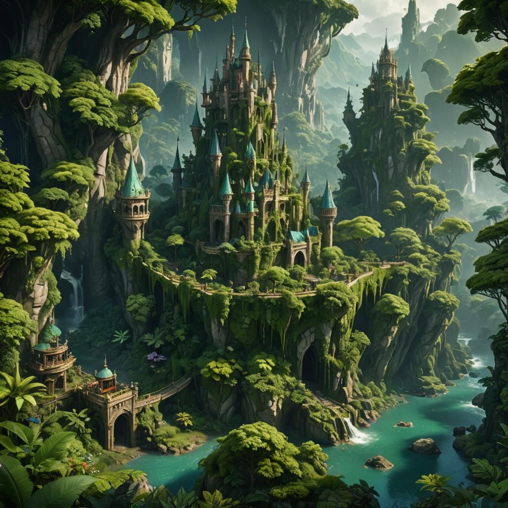 "Draw a verdant kingdom, lush with greenery and forests stre...