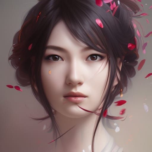 Here is an AI generated illustration of Kichijoten's face. She has snow white skin, innocuous facial features, and small dark eyes. She is surrounded by petals that are floating in the air 