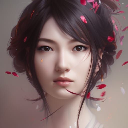 Here is an AI generated illustration of Kichijoten's face. She has snow white skin, innocuous facial features, and small dark eyes. She is surrounded by petals that are floating in the air