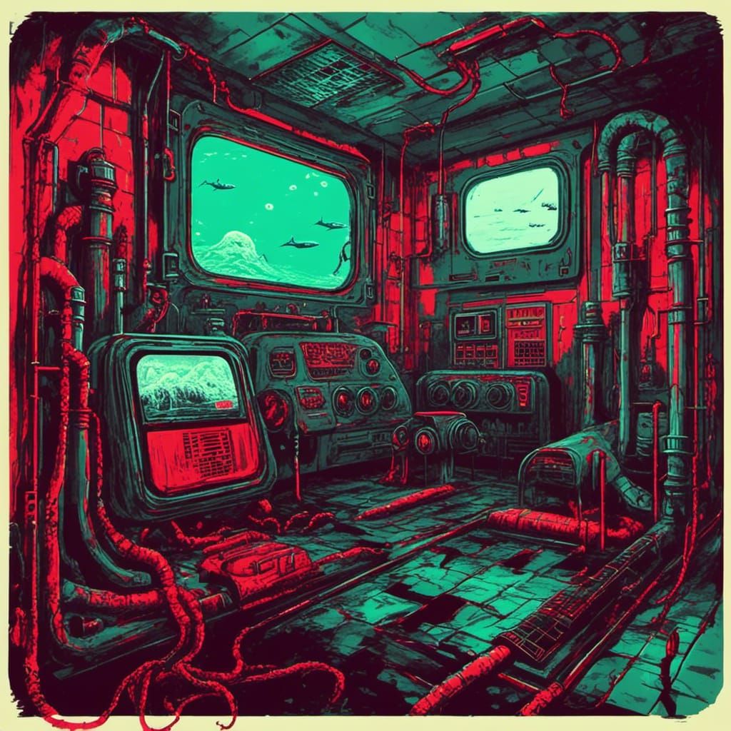 <lora:Submechanophobia:1.0>
A scene from an 80s horror movie,  Submechanophobia aesthetic. Retro videogame style. Interior of a Liminal unde...