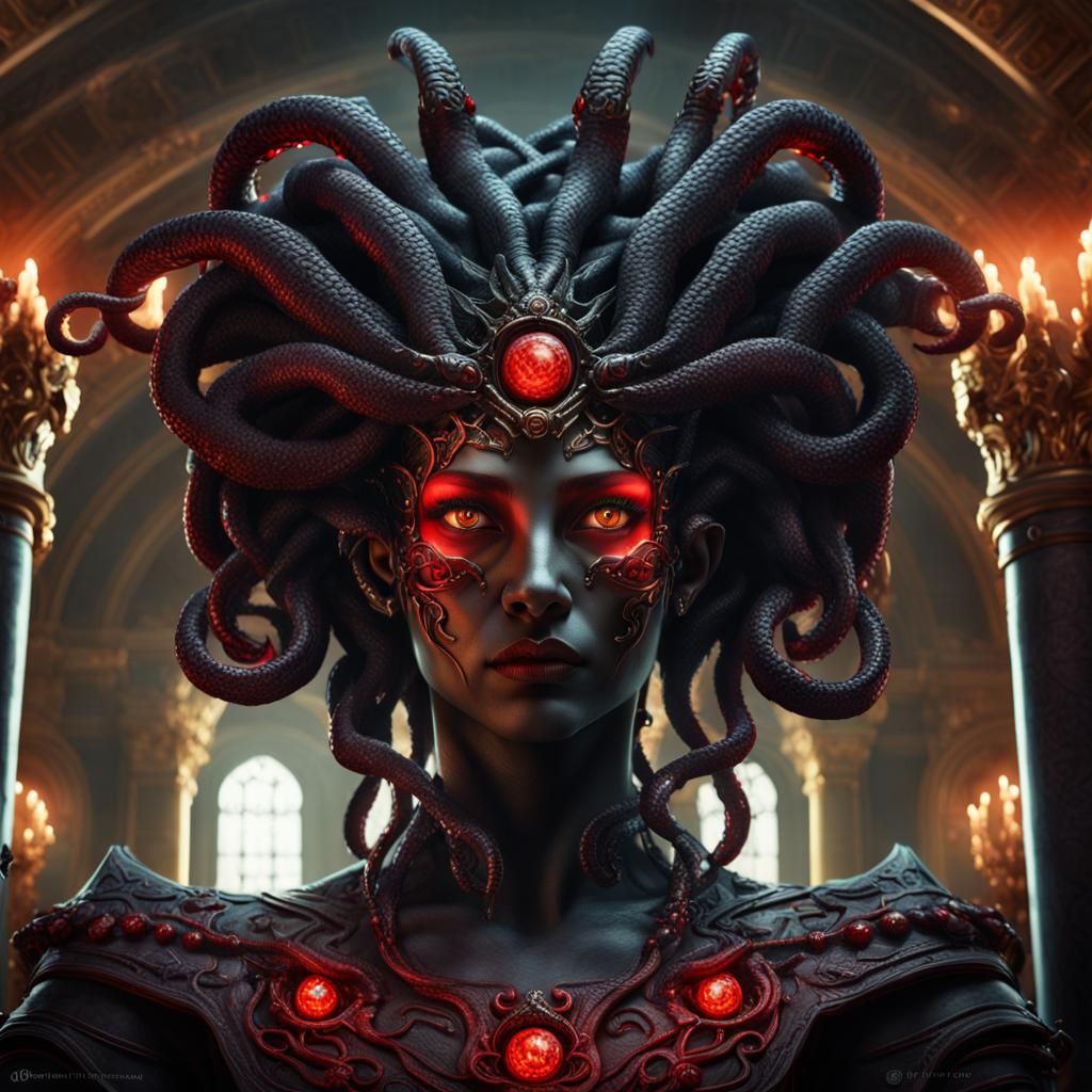 Photorealistic head and shoulder portrait of a majestic evil medusa ...