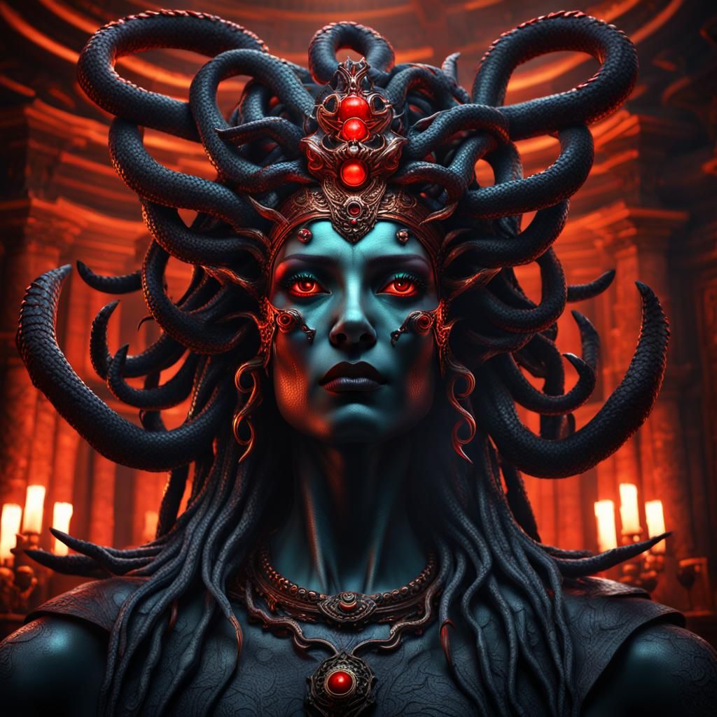 Photorealistic head and shoulder portrait of a majestic evil medusa ...