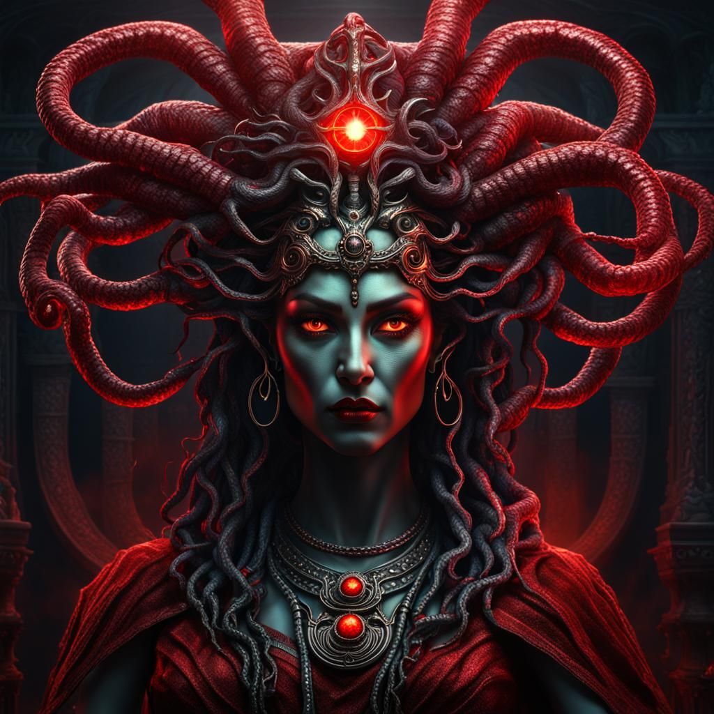 Photorealistic head and shoulder portrait of a majestic evil medusa ...