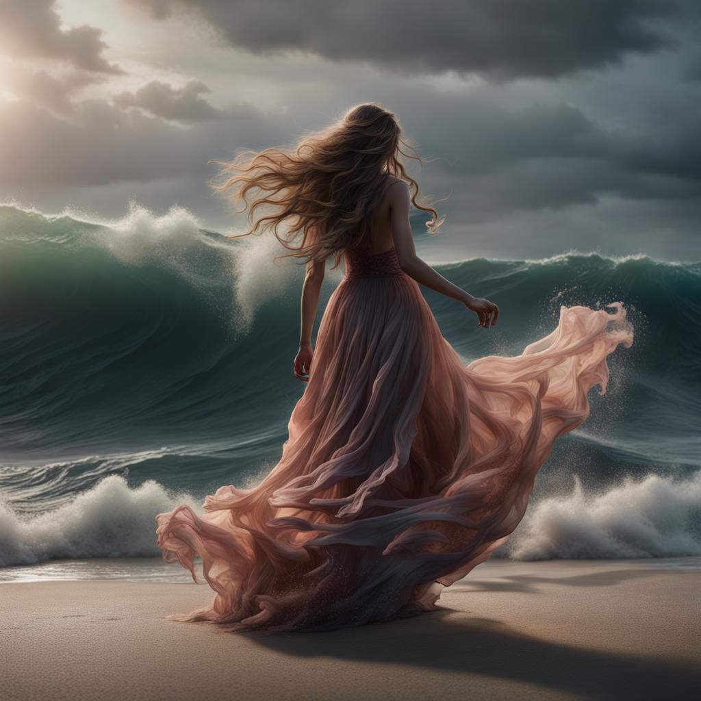 photo realistic waves on a beach form into a girl with long ...