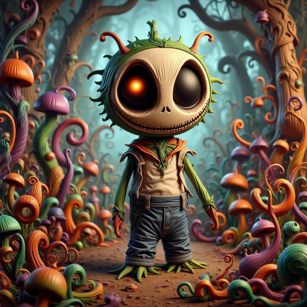 <lora:-Jack Snailington-:1.0>  Whimsical atmosphere ▪ Enchanted forest setting ▪ Scarecrow figure with glowing eyes and a fabric head ▪ Play...