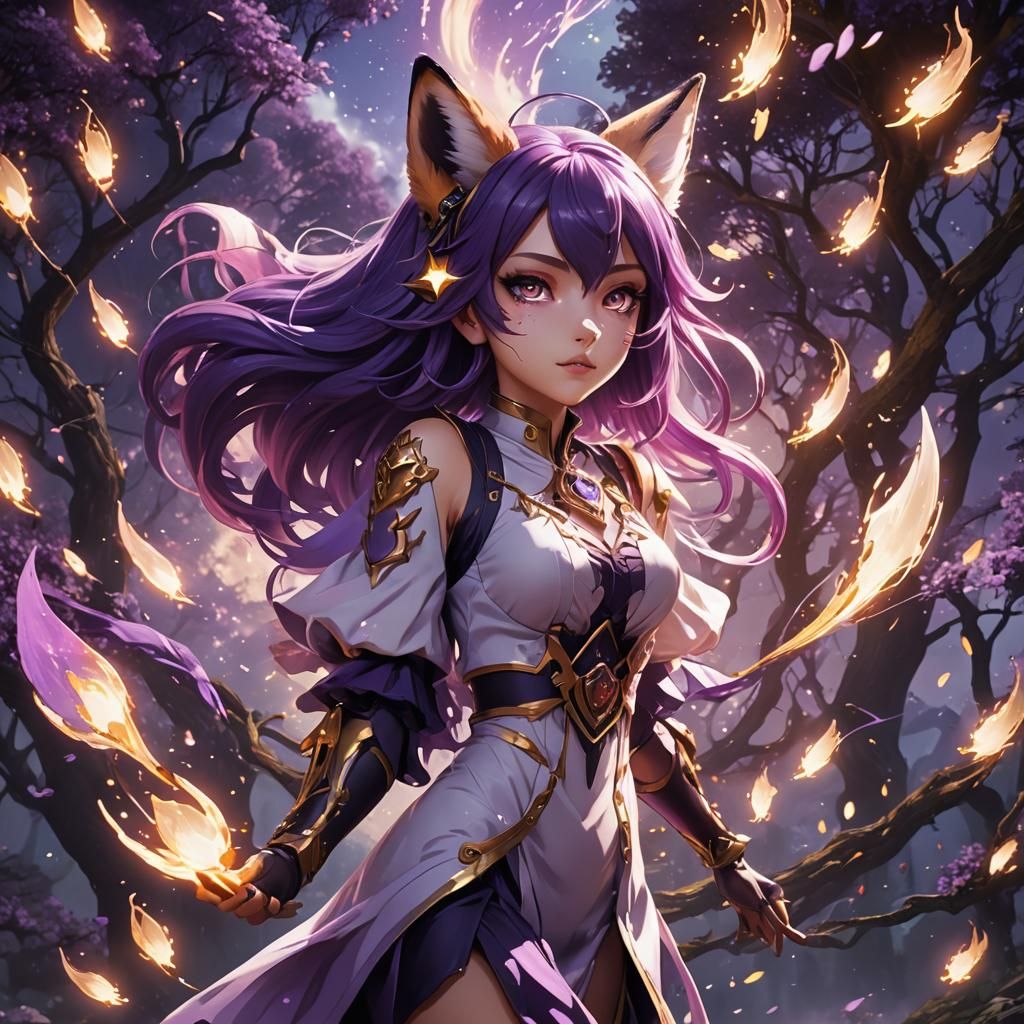 Psychic Anime Fox Girl with purple hair and glowing purple e...