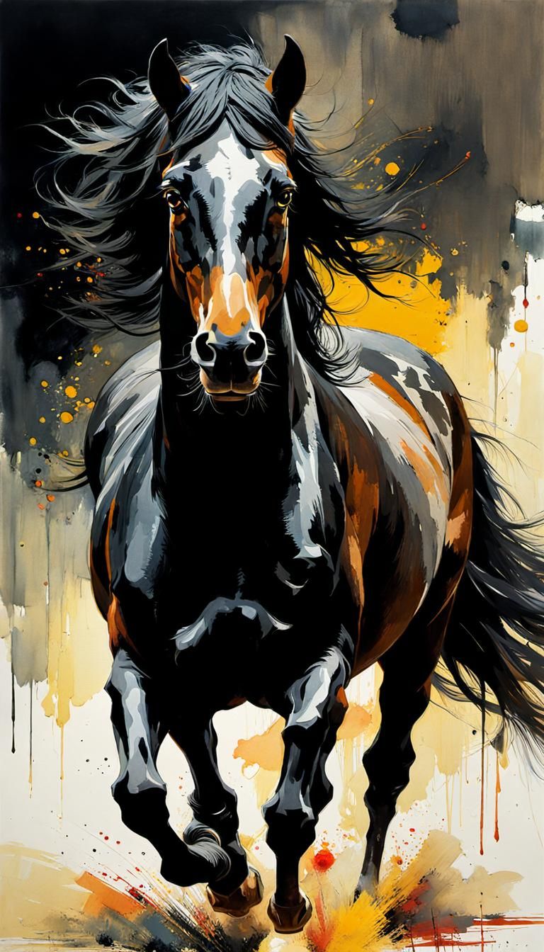 Galloping black horse, painting