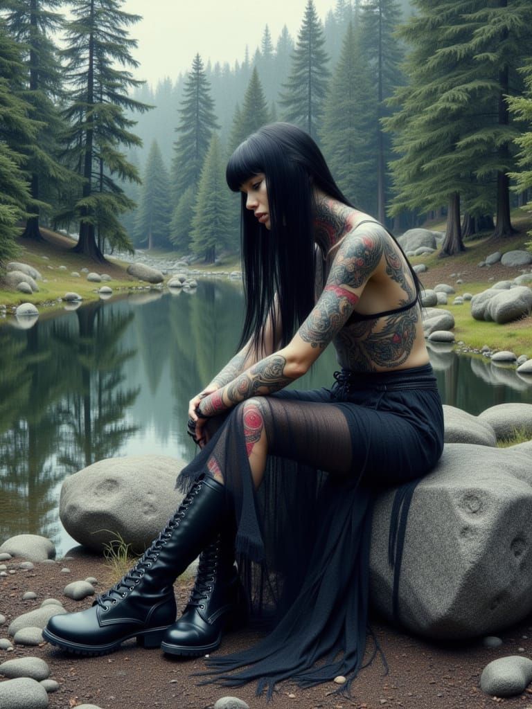 Goth Girl in Serene Spruce Forest