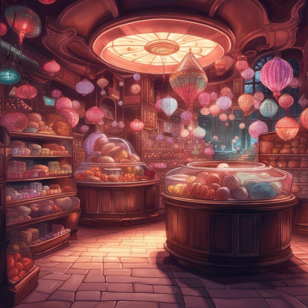 A magical candyshop. Candy shop, scifi candy everywhere in the shop ...