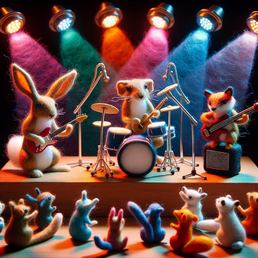 "Rock band made of felted animals, playing tiny instruments, concert stage setting, dynamic poses, colorful stage lights, music-themed felti...