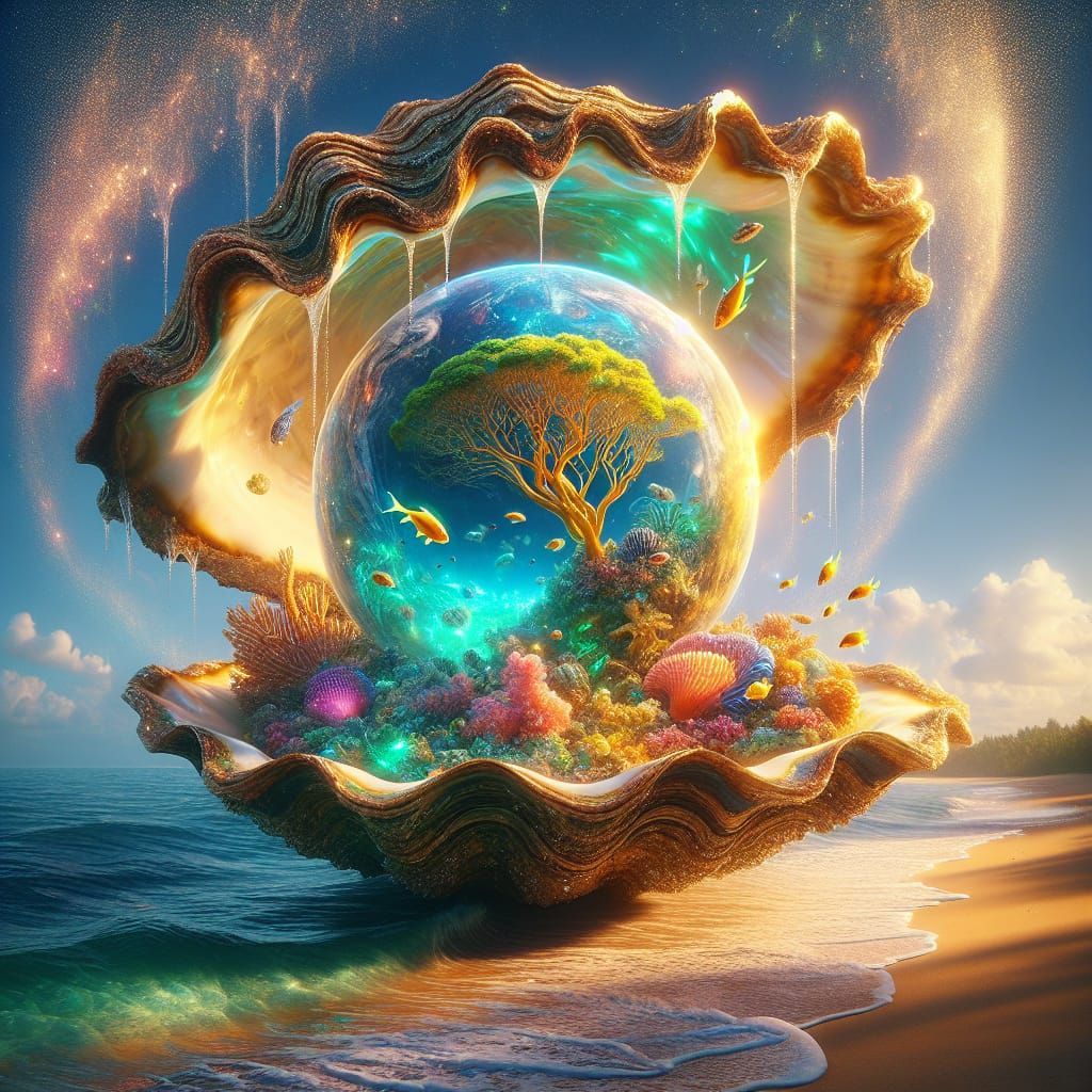 Hyperdetailed fantasy art of giant open oyster shell on a sun-drenched tropical beach with the earth as the pearl. The shell's surface revea...