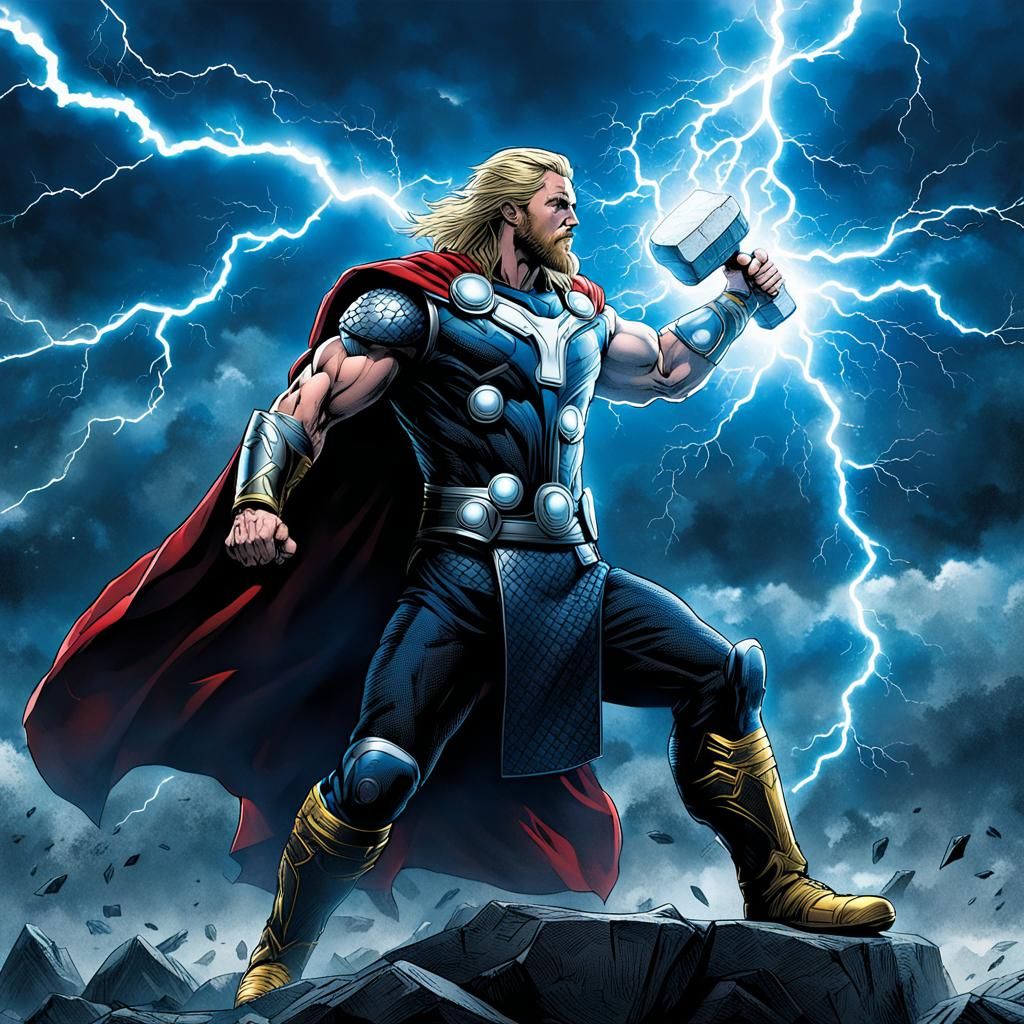 Thor absorbing lightning with Mjolnir