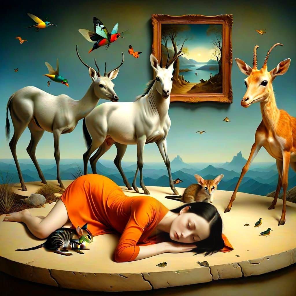 Surrealistic Landscape with Fantastical Creatures in Photore...