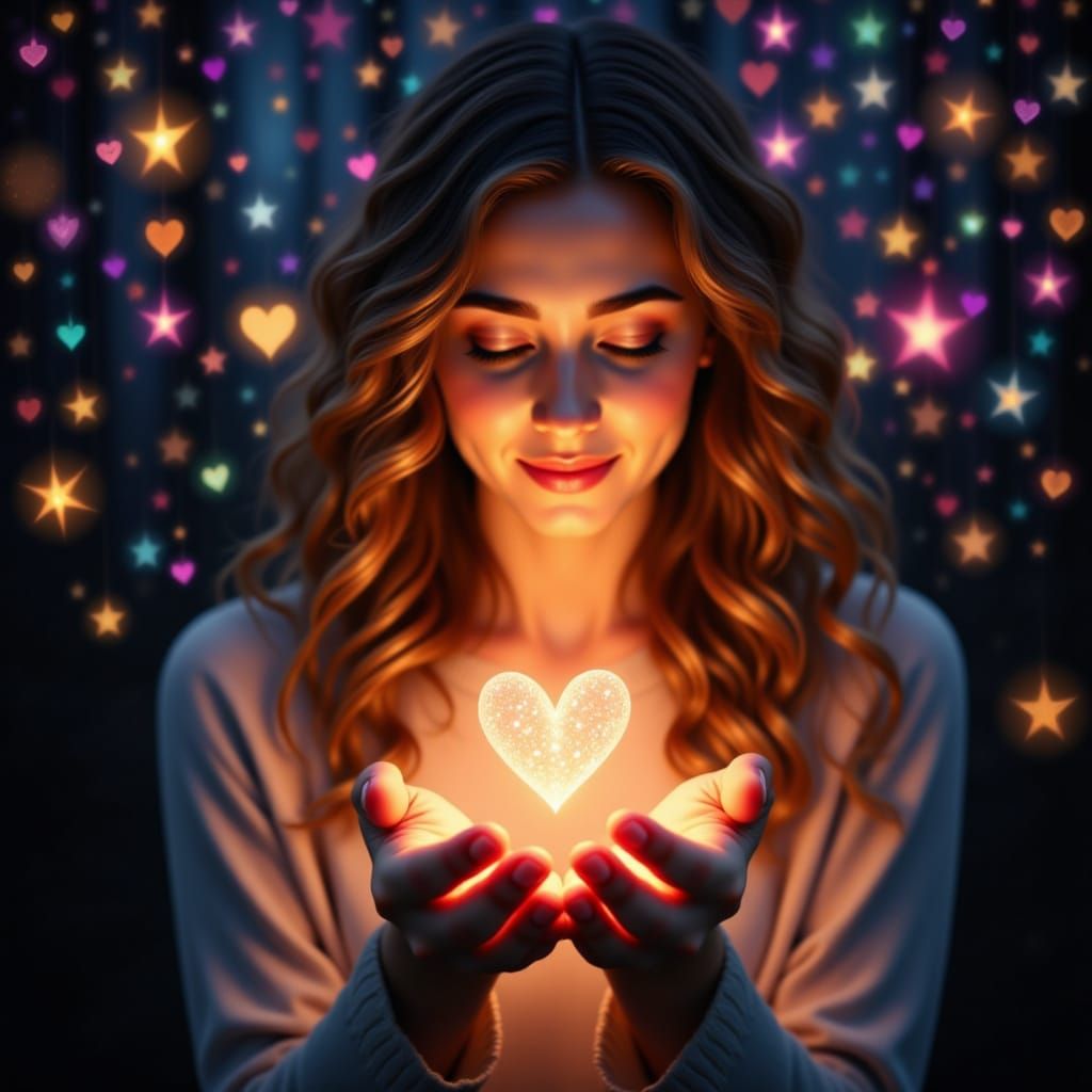 <lora:Holding a Heart:1.0> woman holding a glowing heart shimmering colors woman holding a glowing heart shimmering colors glowing heart in ...