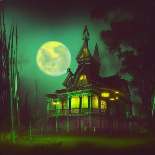 Scary haunted house under the full moon;

green and teal ; 
...