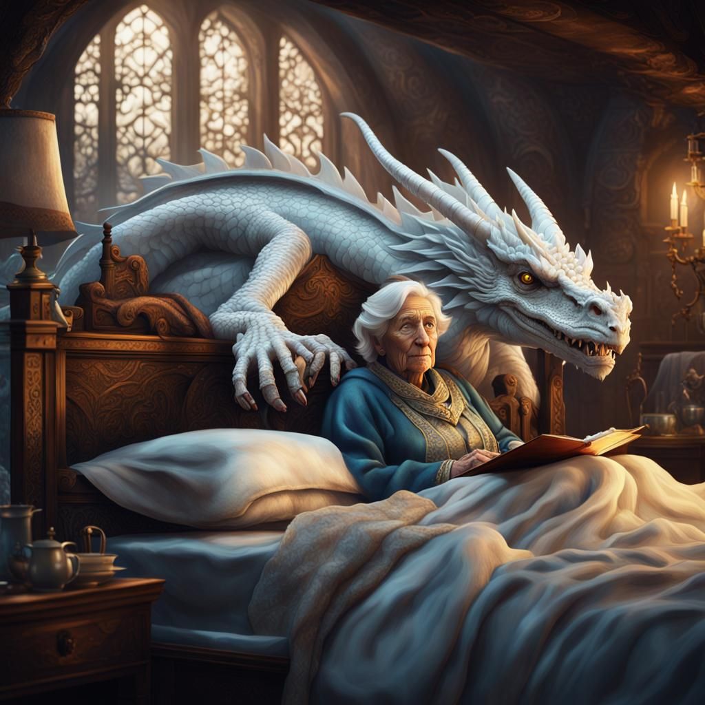 A very old lady is lying in bed, a cute friendly white Drago...
