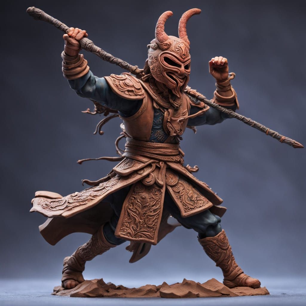 An ultra detailed clay figurine of a mysterious warrior in a mask in a fighting pose, defeating flying ...  by @Likvi