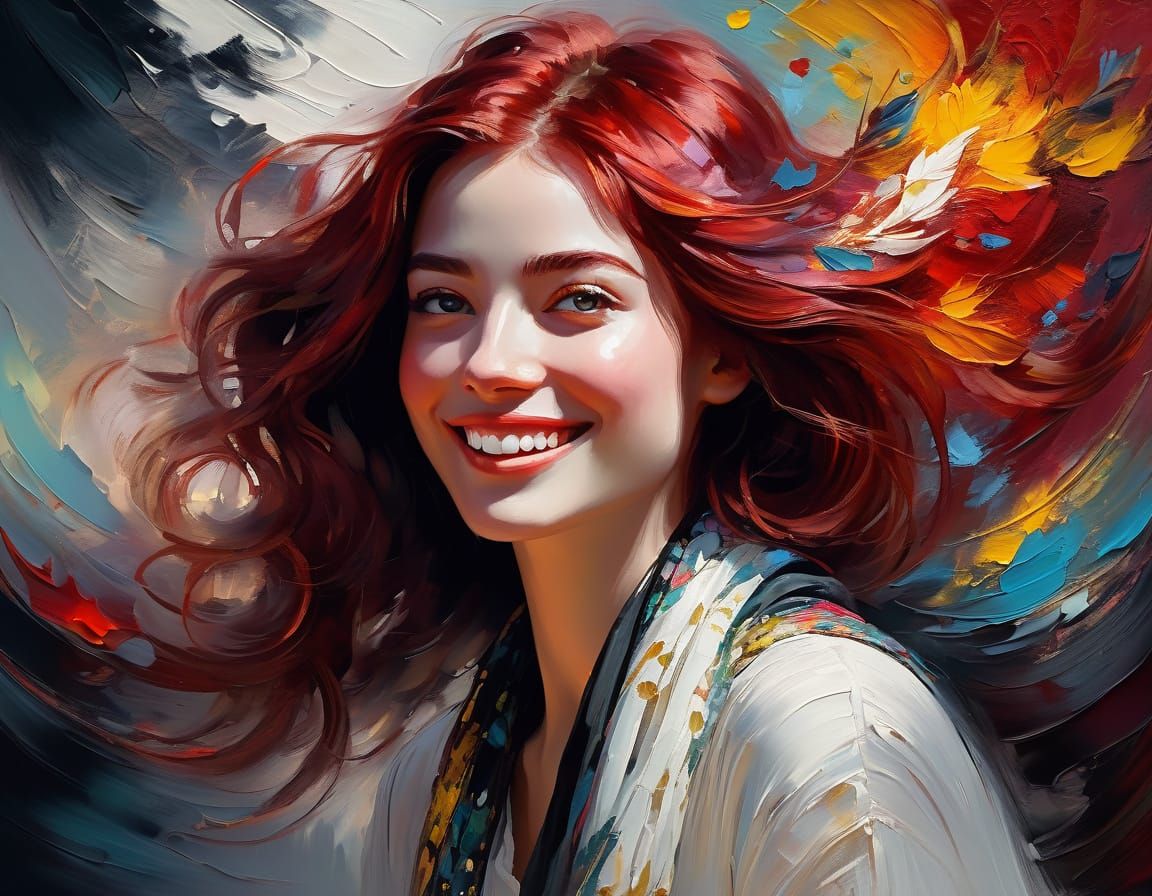 Joyful Woman Portrait in Oil Painting with Vivid Colors