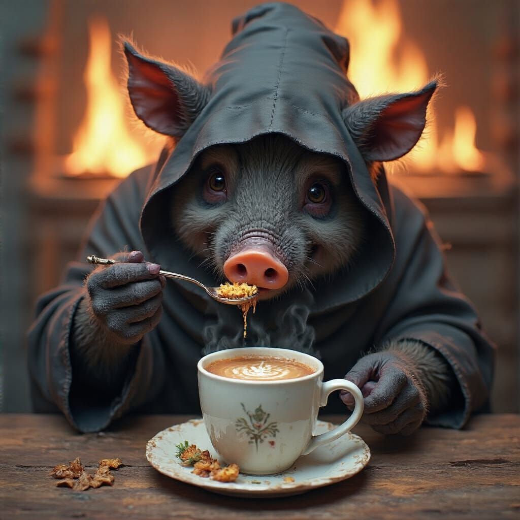 Magical Pig Witch with Enchanted Berries and Coffee