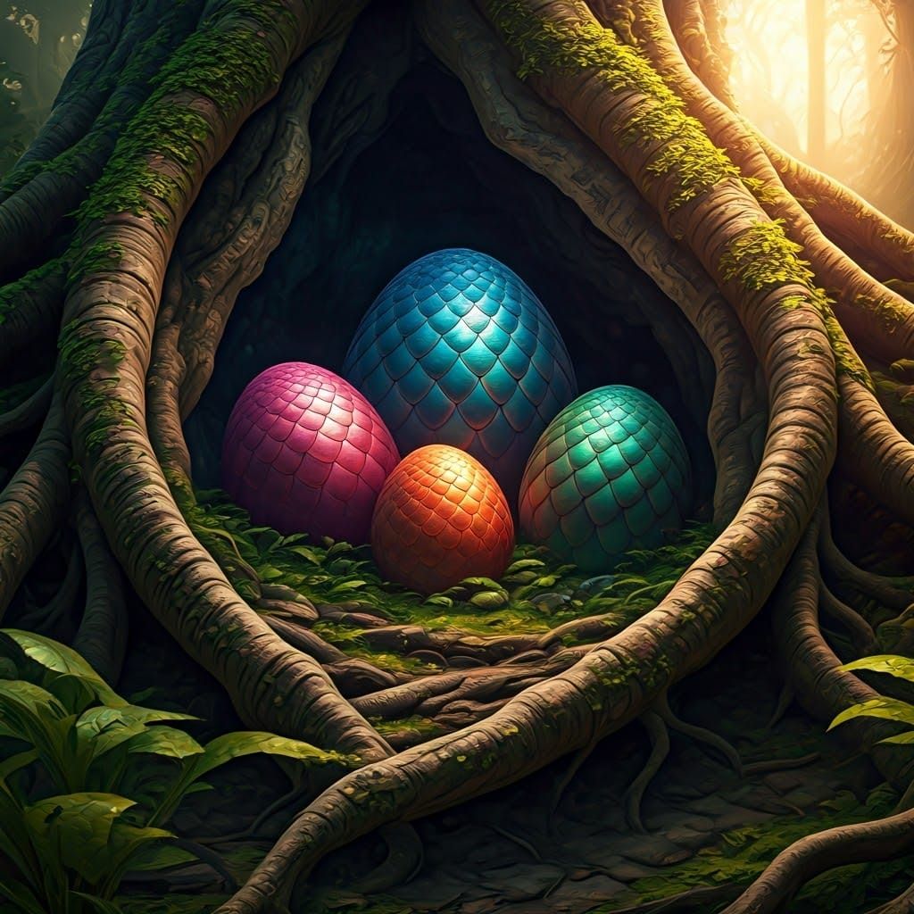 Ethereal Dragon Eggs in Ancient Forest Glade