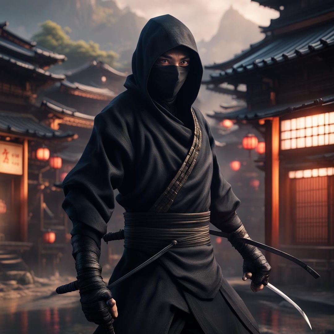 Profile picture, ninja in black ninja suit, japanese town in the blury ...