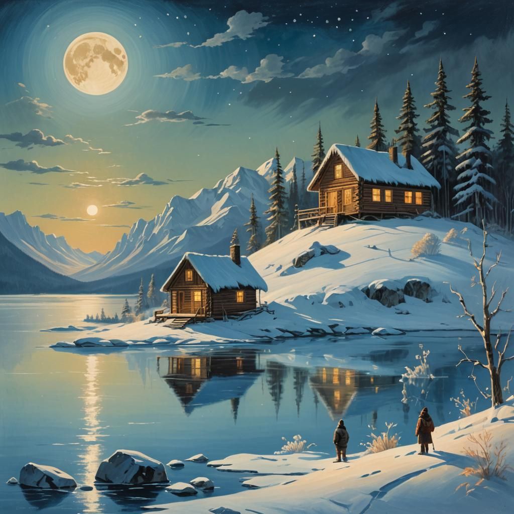 Cozy cabin in Lapland at night, warm golden light spilling from the windows, set against a backdrop of ...  by @Louisa