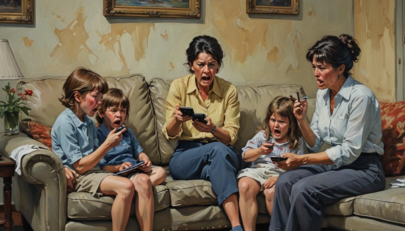 Angry Mother yelling at 2 sad kids for using mobile while fa...