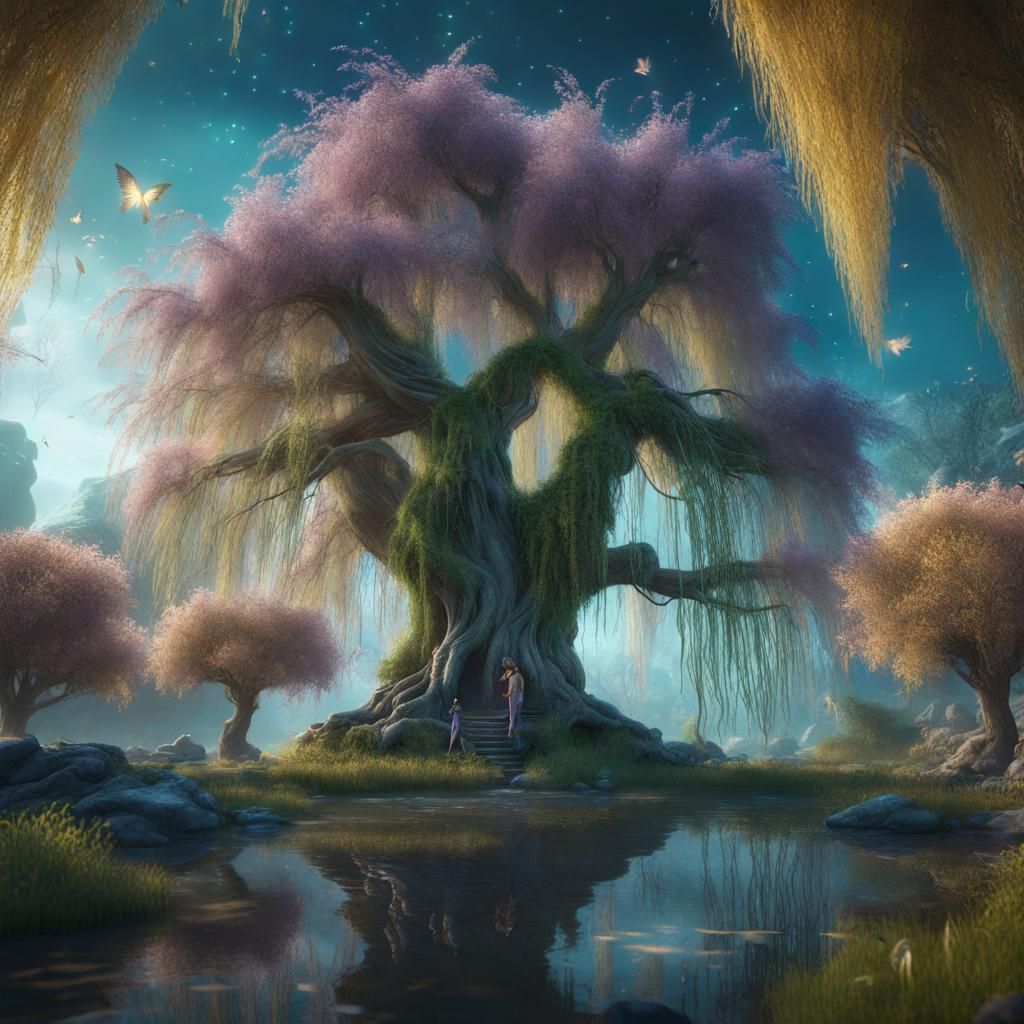 a magical whispering willow tree with fairies  all around in...