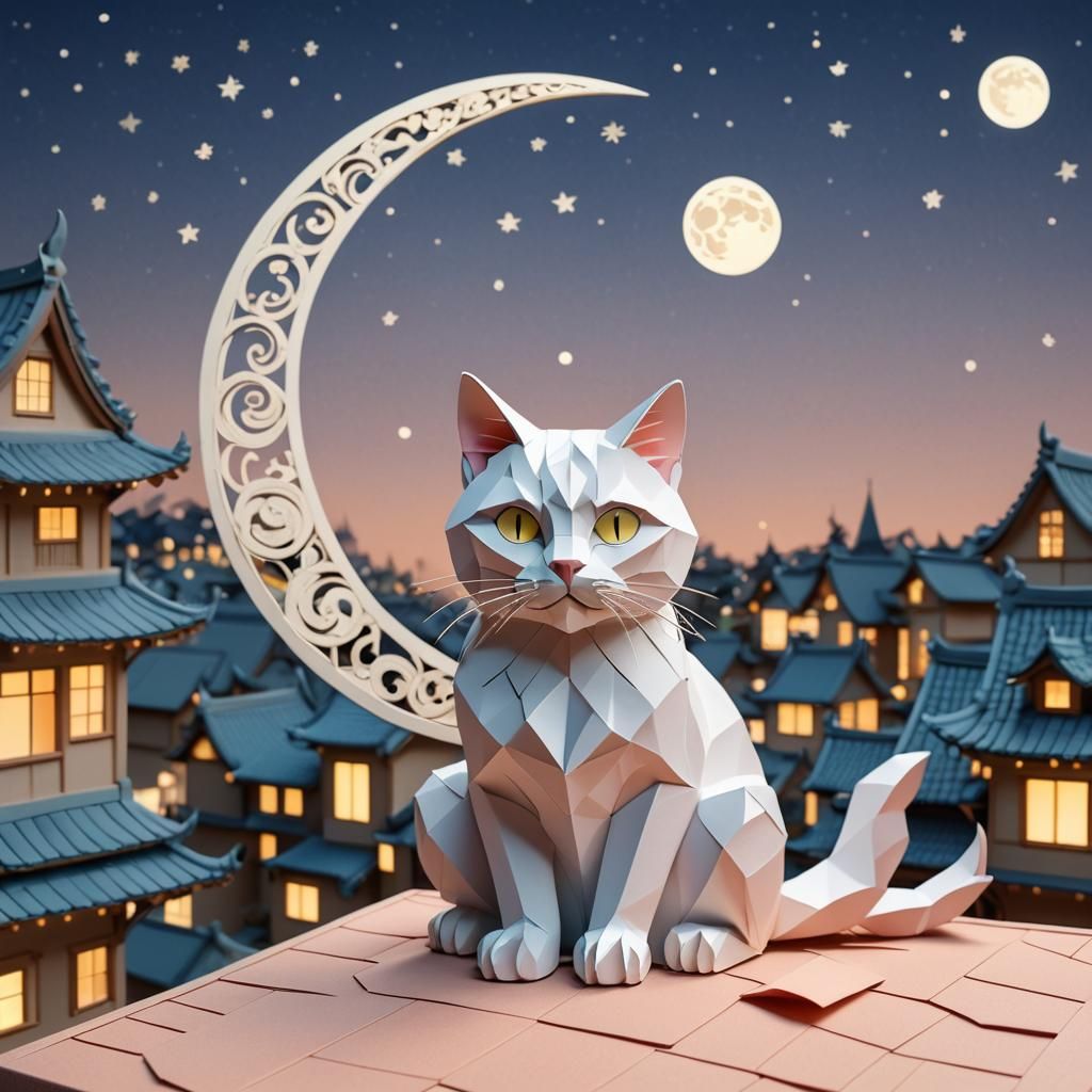 Beautiful Kirigami cat sitting on kirigami roof with a kirig...