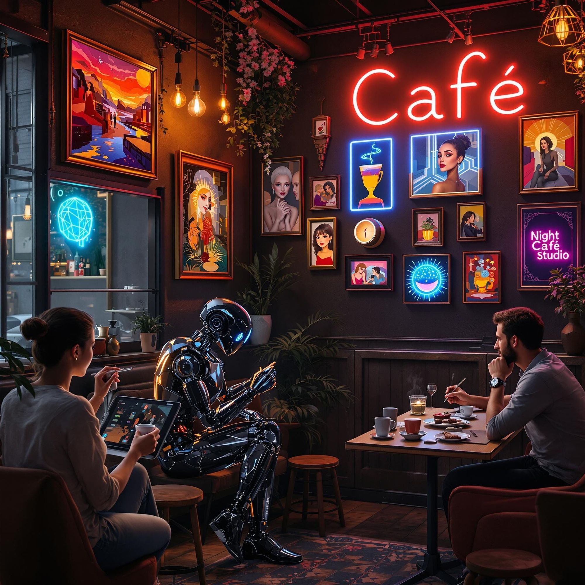 Envision a cozy, warmly lit café named NightCafe Studio, bustling with creativity and camaraderie. Friends sit at rustic wooden tables, laug...