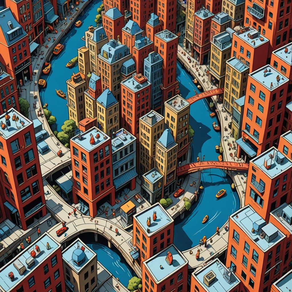 An M. C. Escher-style or Möbius strip illustration elaborating an infinite rotating looping seamless cityscape, including skyscrapers, bridg...