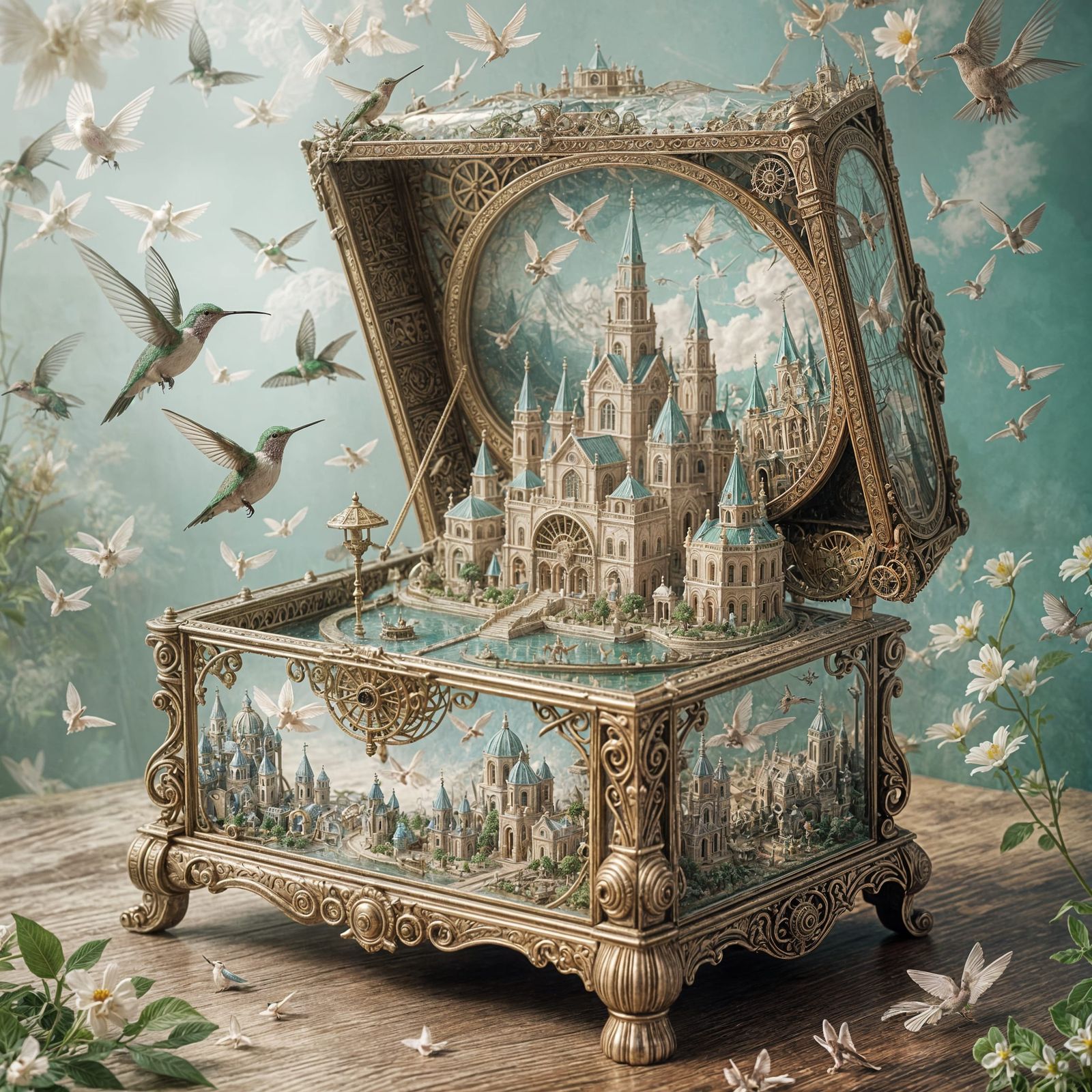 Surrealism. A colossal, antique music box slowly opening to reveal a miniature, dreamlike cityscape within ...  by @Paul Snipes
