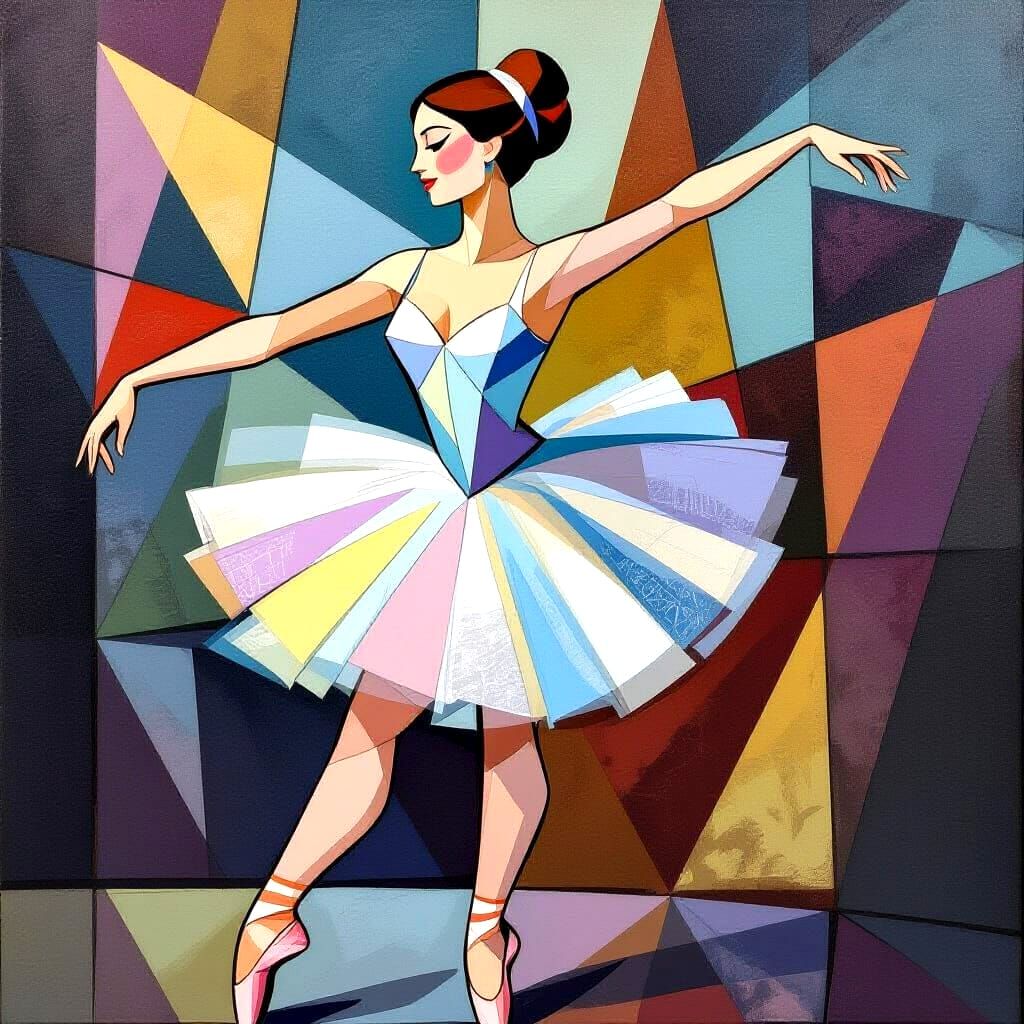 Cubist style masterpiece image of a beautiful female ballet dancers with a cubist style background. Facing the viewer. Dancing in full body ...