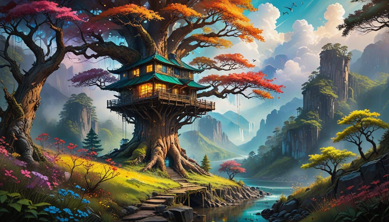 Lovely tree house in a enormous maple tree, overlooking a river  by @Janet Brien