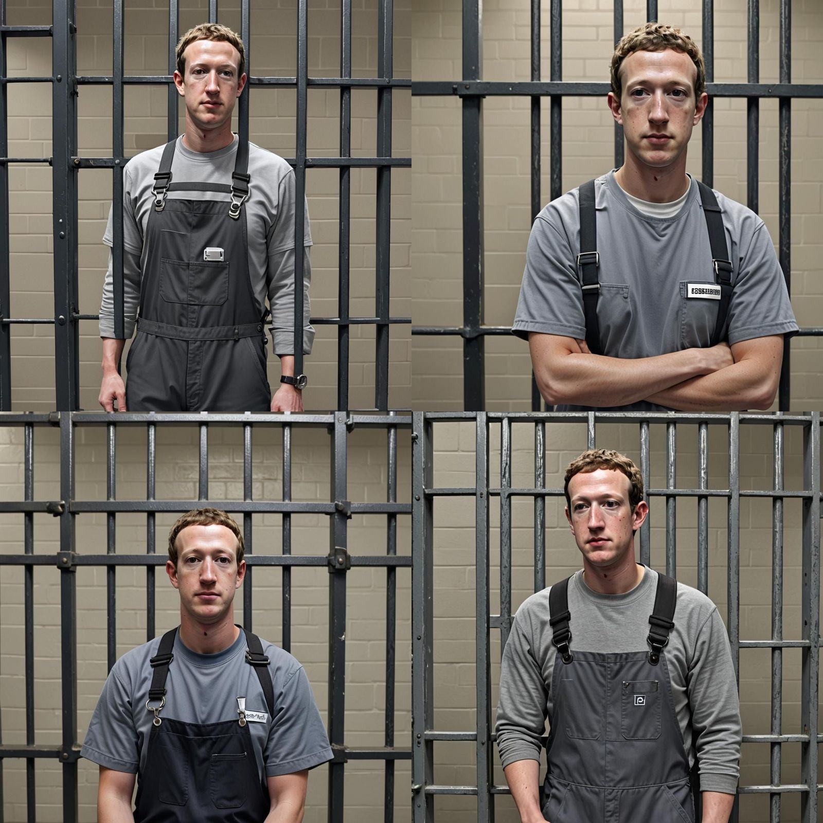 mark zuckerberg in jail behind bars wearing prisoner overall...