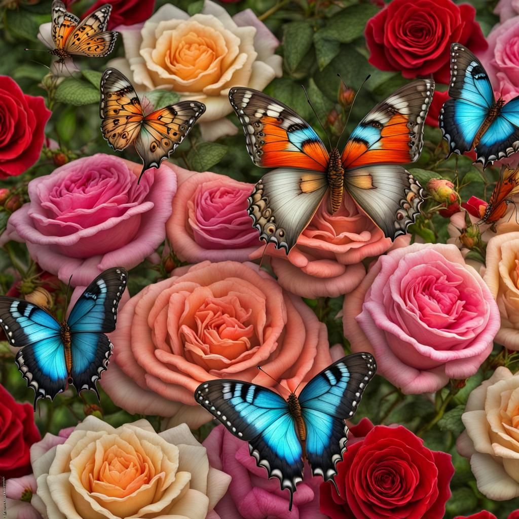 Colorful butterflies drinking nectar in a garden full of roses