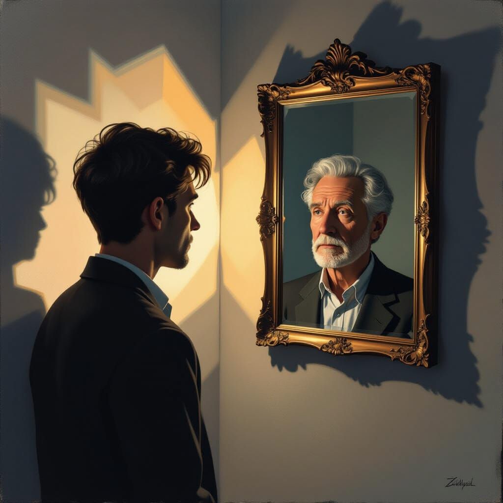 Man Sees Old Reflection in Mirror