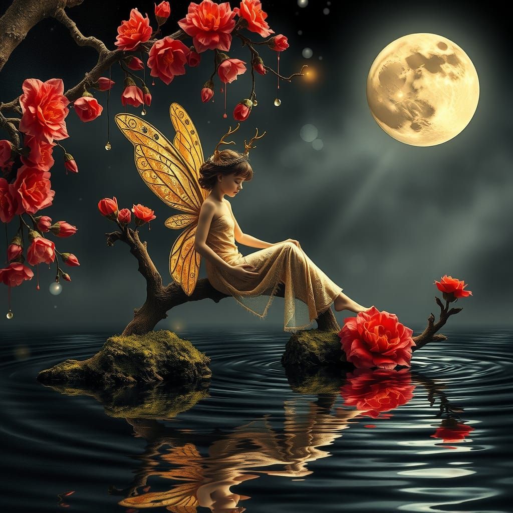 Hyper detailed art masterpiece vintage, reflection water ripples, gleaming full body pixie fairy girl, ...  by @Chop