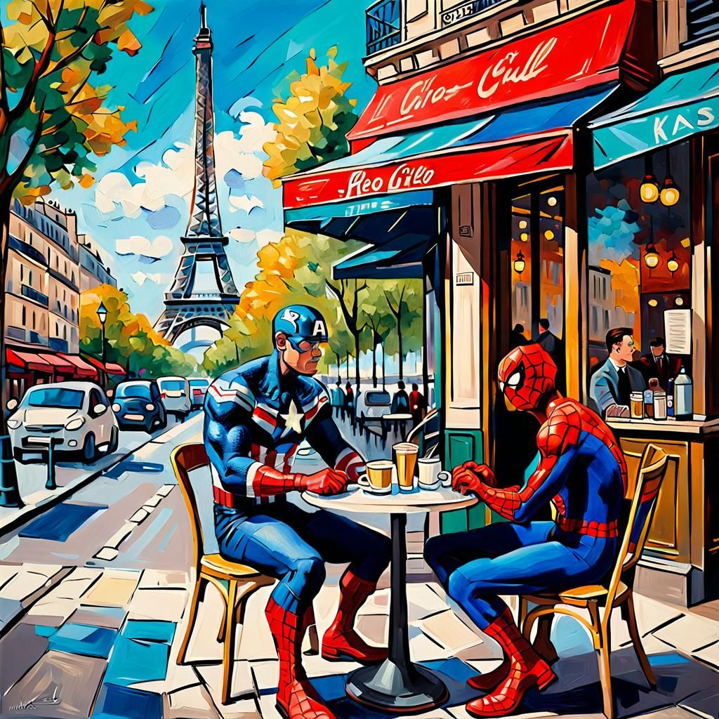 Captain America and Spider-Man sitting at a sidewalk cafe in Paris  by @Cyndael
