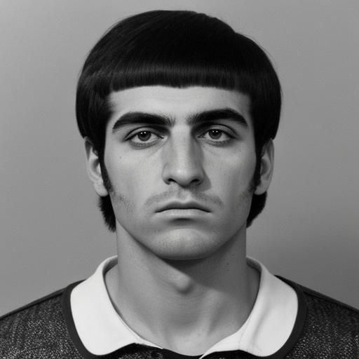 A 1969 police mugshot of an Italian-American-looking teenager with an evil, sinister look about him.  A Beatles-style bowl haircut frames hi...