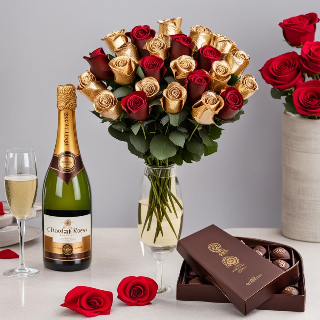 Chocolate roses and a rose chocolate with champagne
