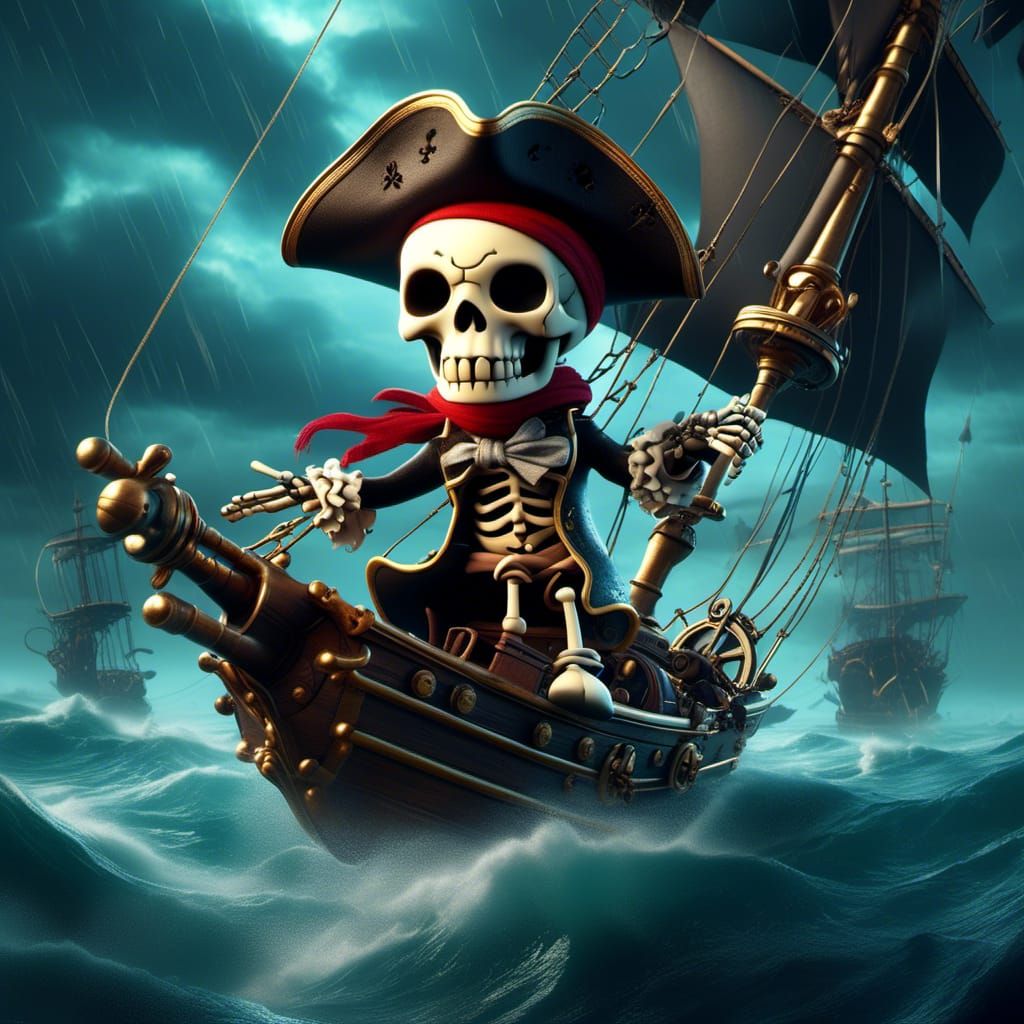 <lora:Skellyverse:1.0> "Handsome and Fearless Steampunk chibi pirate skeleton navigates a stormy sea, rendered in stunning 3D ultrarealism :...