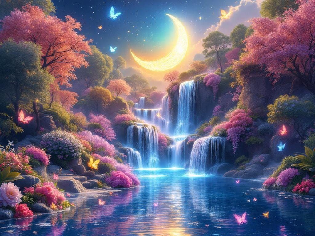 Celestial waterfall. Wide shot. Water cascades from a golden crescent moon, changing colors as it falls ...  by @Sumikokeel