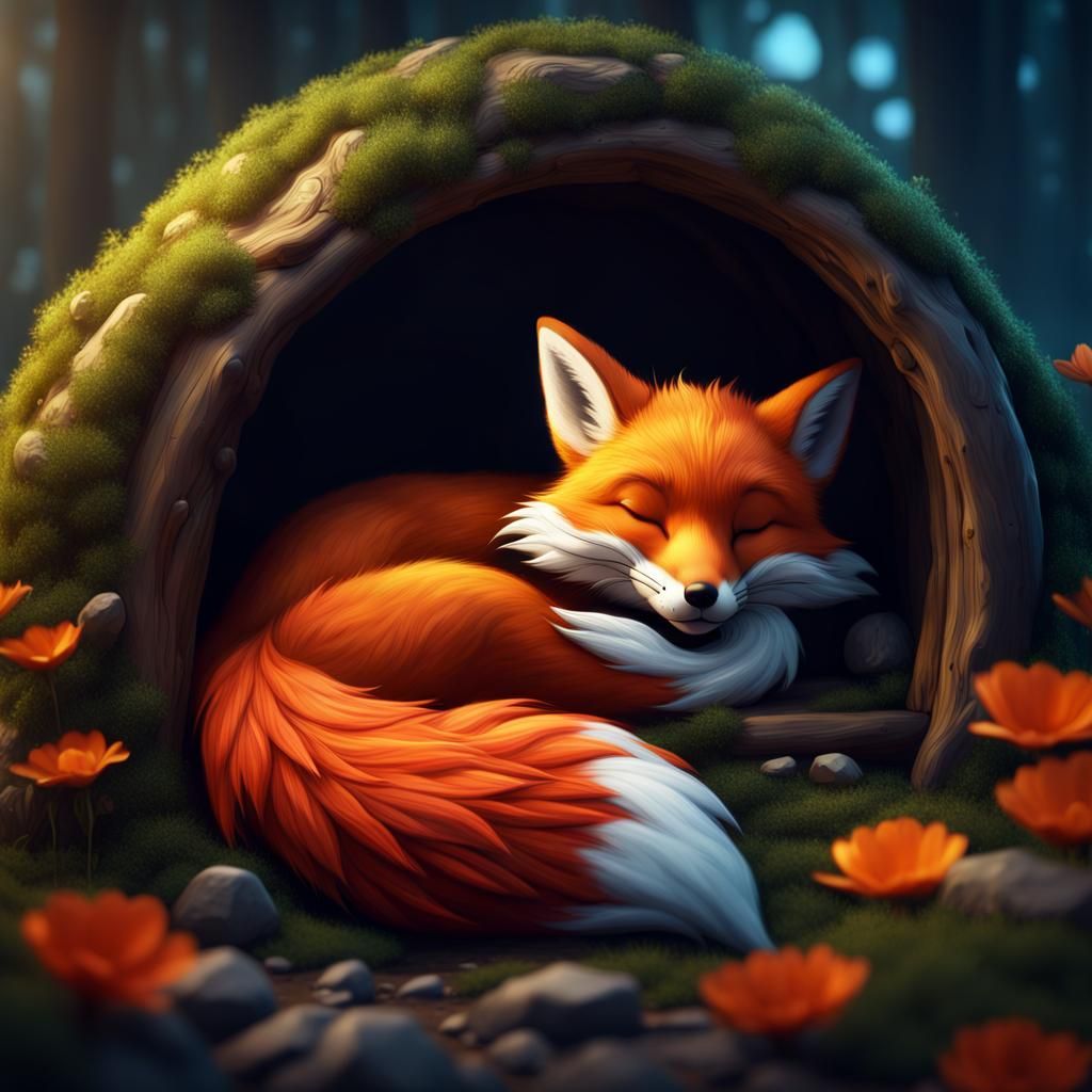 An adorable red fox sleeping